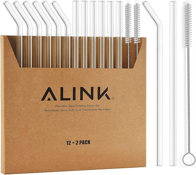 ALINK 12-Pack Glass Drinking Straws, 8.5" x 10mm Clear Reusable Smoothie Straws With 2 Cleaning B... | Amazon (US)