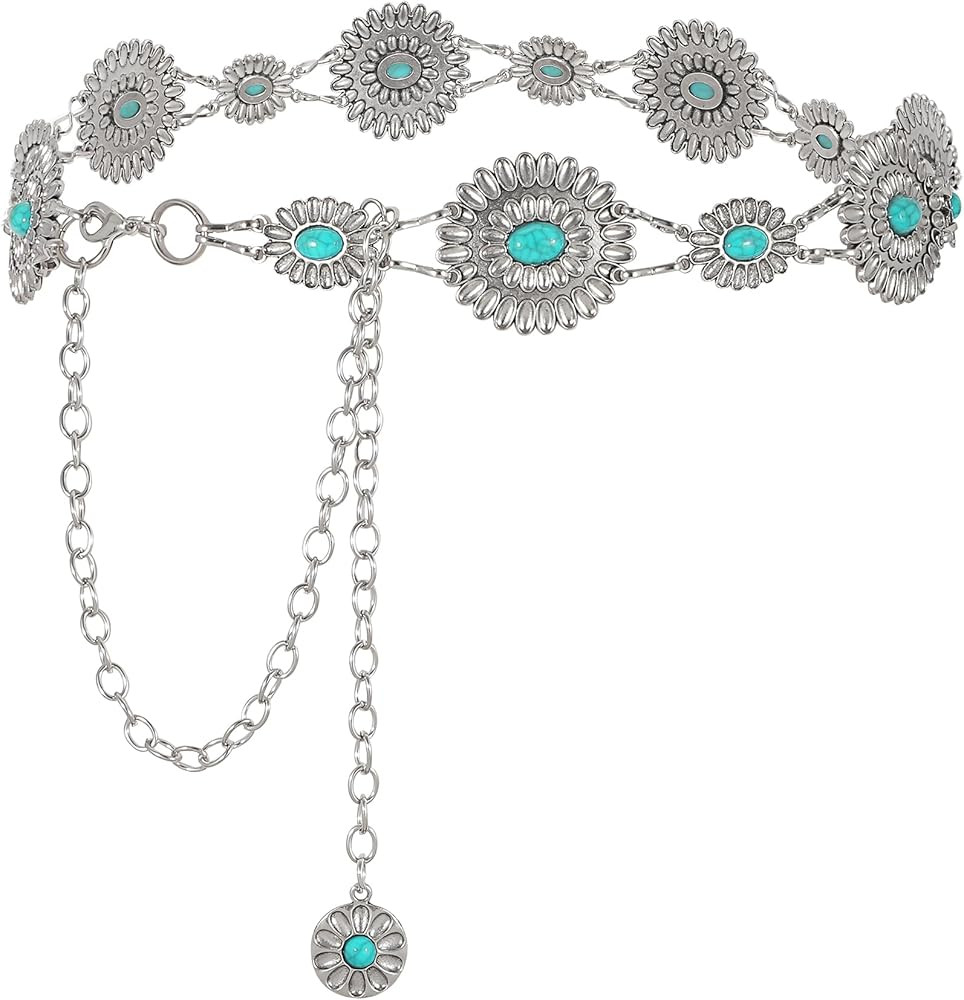 WHIPPY Women Concho Chain Belt Metal Link Western Cowgirl Turquoise Chain Belt for Dress | Amazon (US)