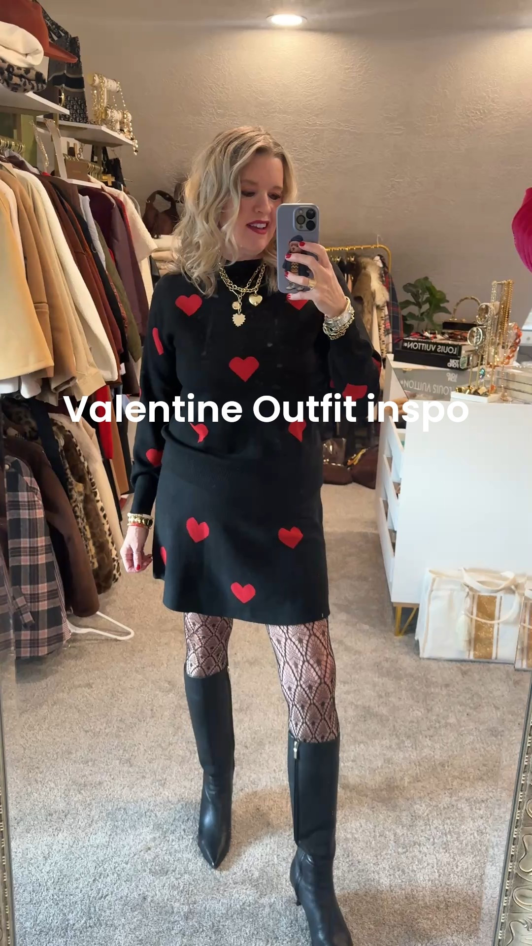 Valentine’s DayOutfit Inspo
Several item on SAlE or I have a code

⚠️ Arrives before Valentine’s Day.

Amazon Finds mixed with some Brand favorites❤️🖤❤️🖤
Fits tts med

Heart light weight knit sweater 
And matching  separate Aline mini skirt🖤❤️
Tts in a med

Frankie 4 tall leather kitten heel boots real leather and so comfy fits tts 

Spanx red puffer vest on sale 
One of my favorite layering pieces. Fits tts in a med 

Items not on sale use code: Deardarcyxspanx for 15% off 

Allie and Bess gold puff heart necklace save 20% with code DARCY20 

Lisi Lurch Beaded heart earrings  (old) 

Amazon find heart and charm necklace 

Amazon pack of 5 textured printed  nylons tts and great quality 

#LTKOver40 #LTKValentine #LTKootd