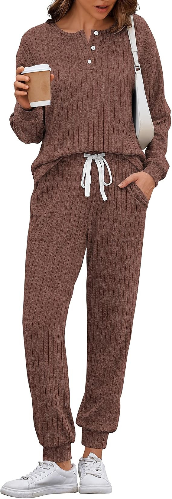 Ekouaer Womens Knit 2 Piece Lounge Sets Long Sleeve Top and Pants Outfits | Amazon (US)