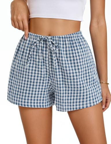 Beftwo Blue Checkered Pants Women Plaid Boxer Pajama Shorts Summer Y2k Lounge Gingham Bottoms Comfy Trendy 2025 Loose Drawstring Cotton Boxers Short with Pockets | Amazon (US)