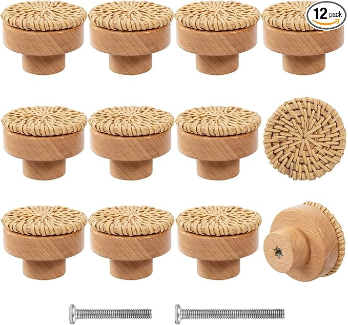 ANPHSIN 12 Pack Boho Wood Dresser Drawer Knobs- Handmade Rattan Woven Cabinet Knobs Pulls Handles... | Amazon (US)