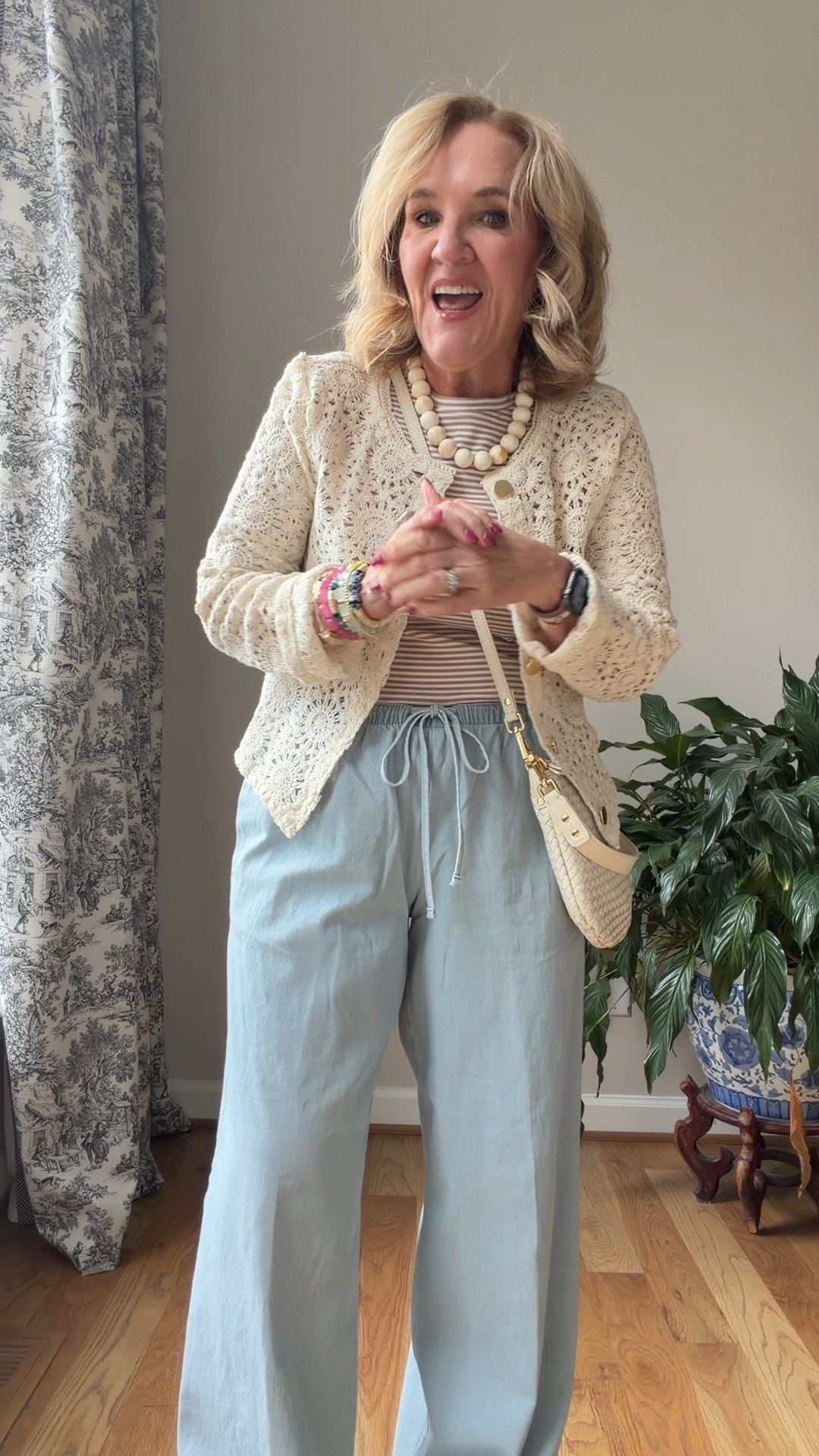 Cardigan size medium 
Elbow length sleeve tshirt size medium 
Chambray pants size medium 
Spring outfit drawstring pants 
Bracelet stack available Tuesday 2.24

#LTKSaleAlert #LTKOver40 #LTKPetite