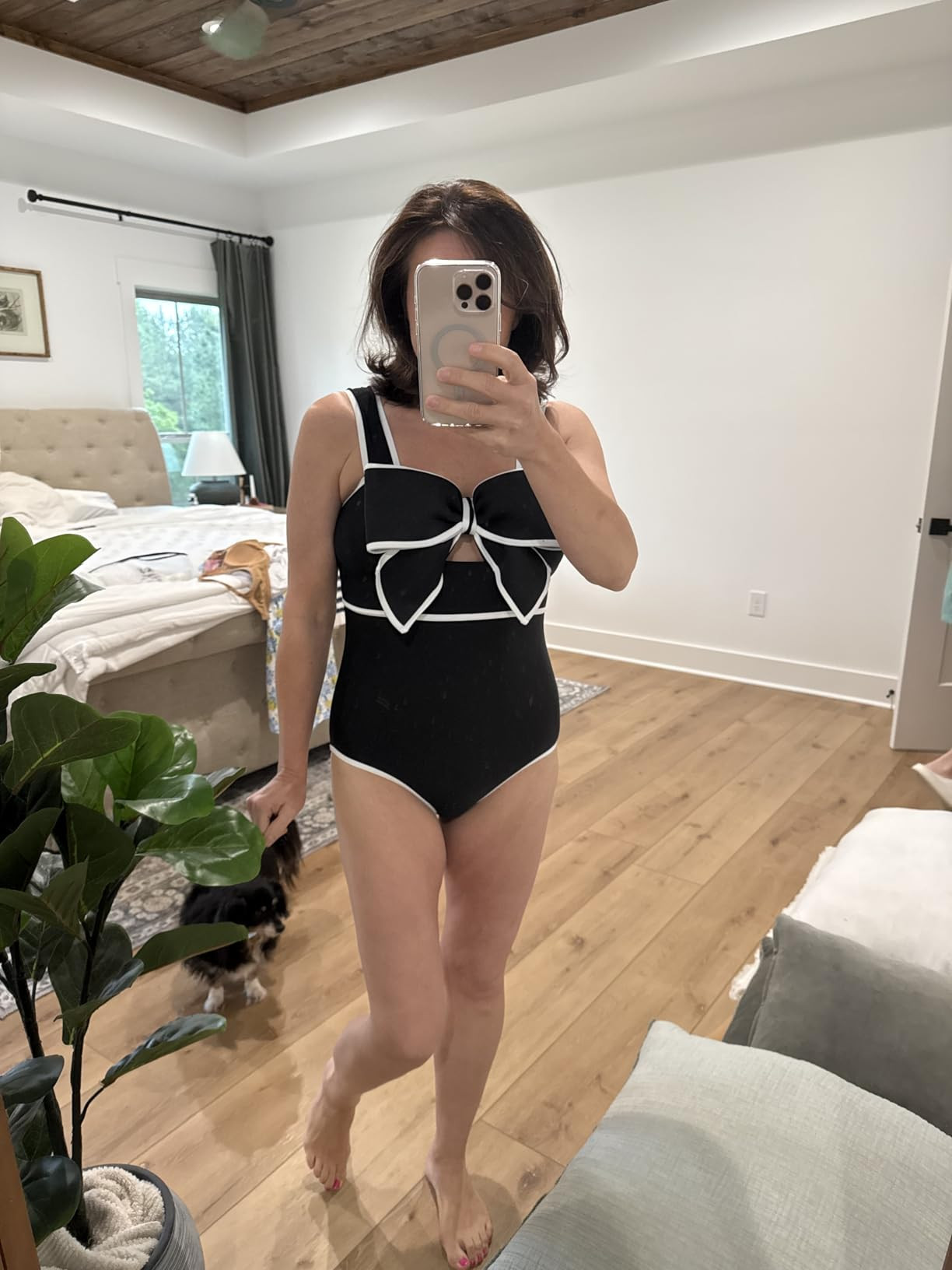 FLAXMAKER Black and White Swimsuit Bow-tie Decor One Piece Bathing Suit | Amazon (US)