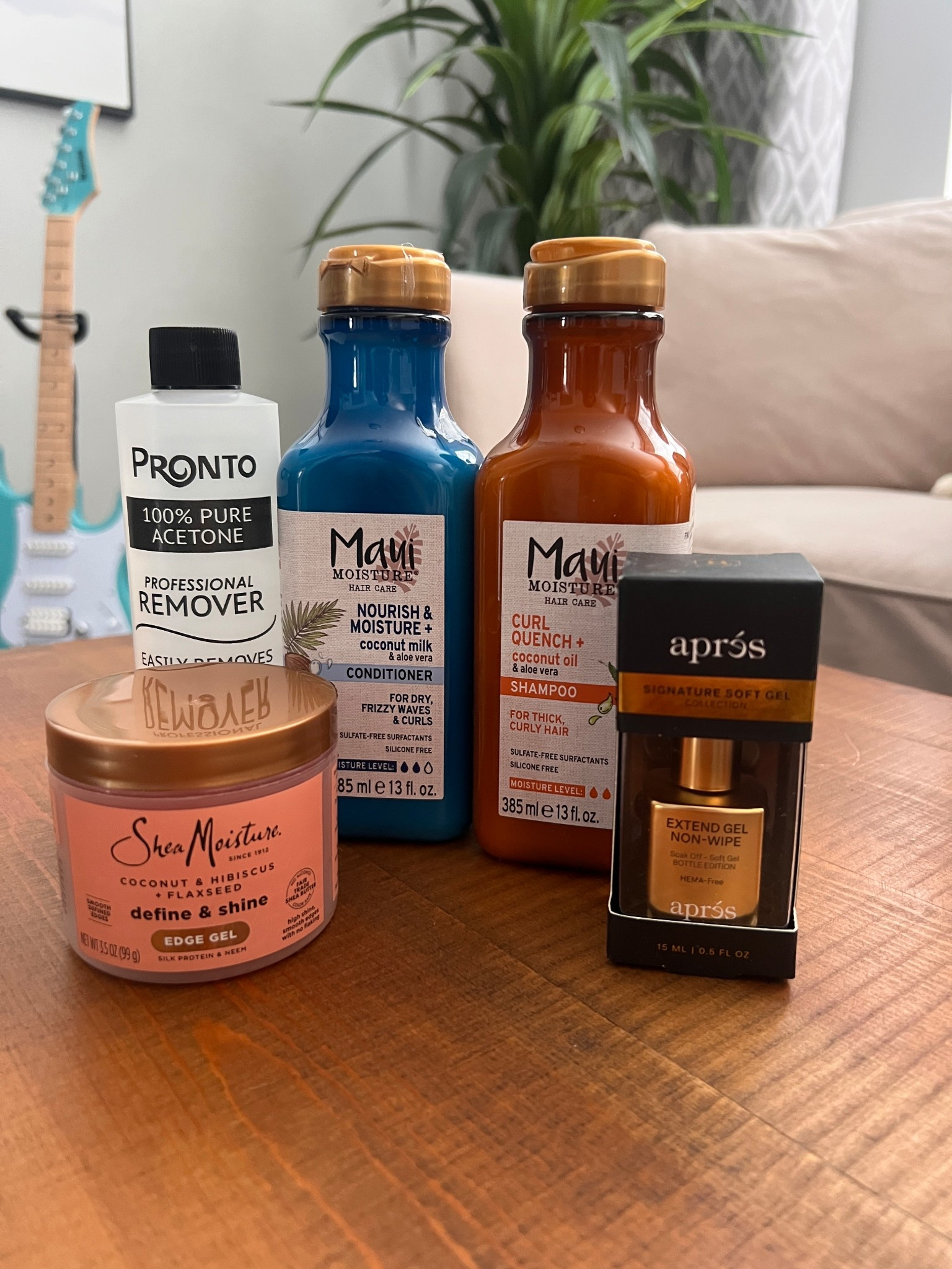 Hair and nails: shampoo, conditioner, nail polish remover, apres extend gel