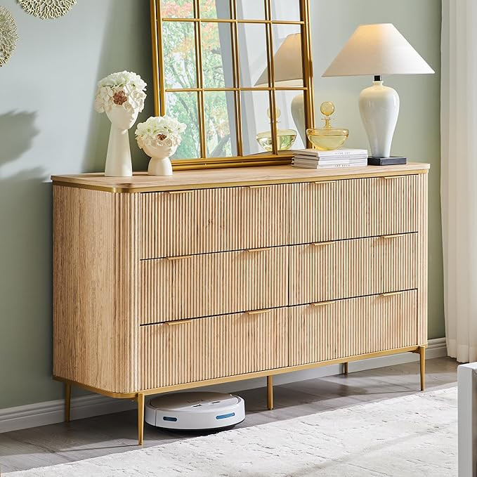 T4TREAM Fluted 6 Drawers Dresser for Bedroom, 54" Wide Modern Dresser TV Stand, Gold Accents, Flu... | Amazon (US)