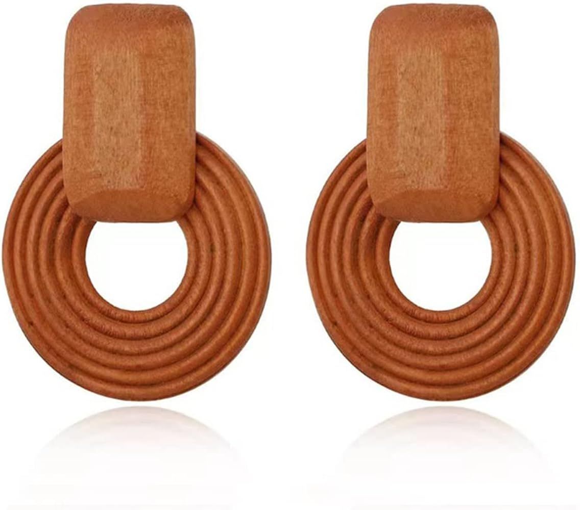 MIGUO STORE Natural Wood Round hollow Geometric Lightweight Drop Circle Earrings Bohemian Wooden ... | Amazon (US)