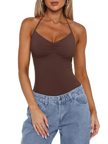 REORIA Women's Sexy Halter V Neck Sleeveless Bodysuit Backless Cami Bodysuits Tank Tops Basic Coffee | Amazon (US)