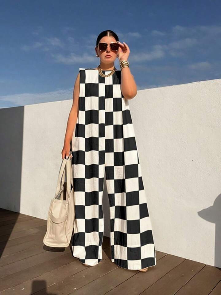 Black And White Checkered Jumpsuit For Women 2025 Summer New Sleeveless Loose Wide Leg Coveralls | SHEIN