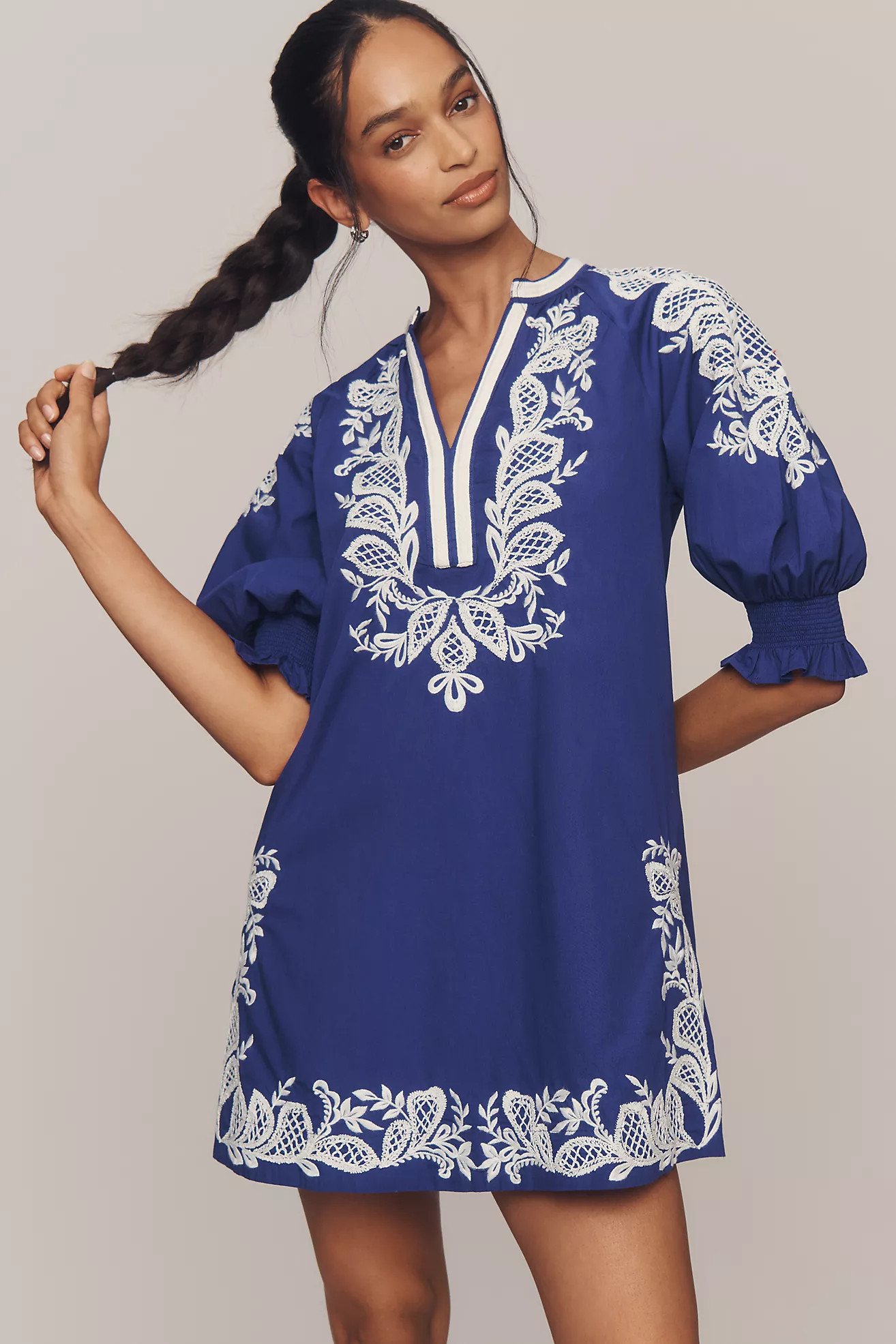 Maeve Embroidered V-Neck Mini Dress | Anthropologie (US)