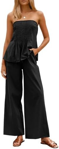 Tankaneo Womens 2 Piece Outfits Summer Strapless Tube Tops Wide Leg Pants Cotton Vacation Pleated... | Amazon (US)