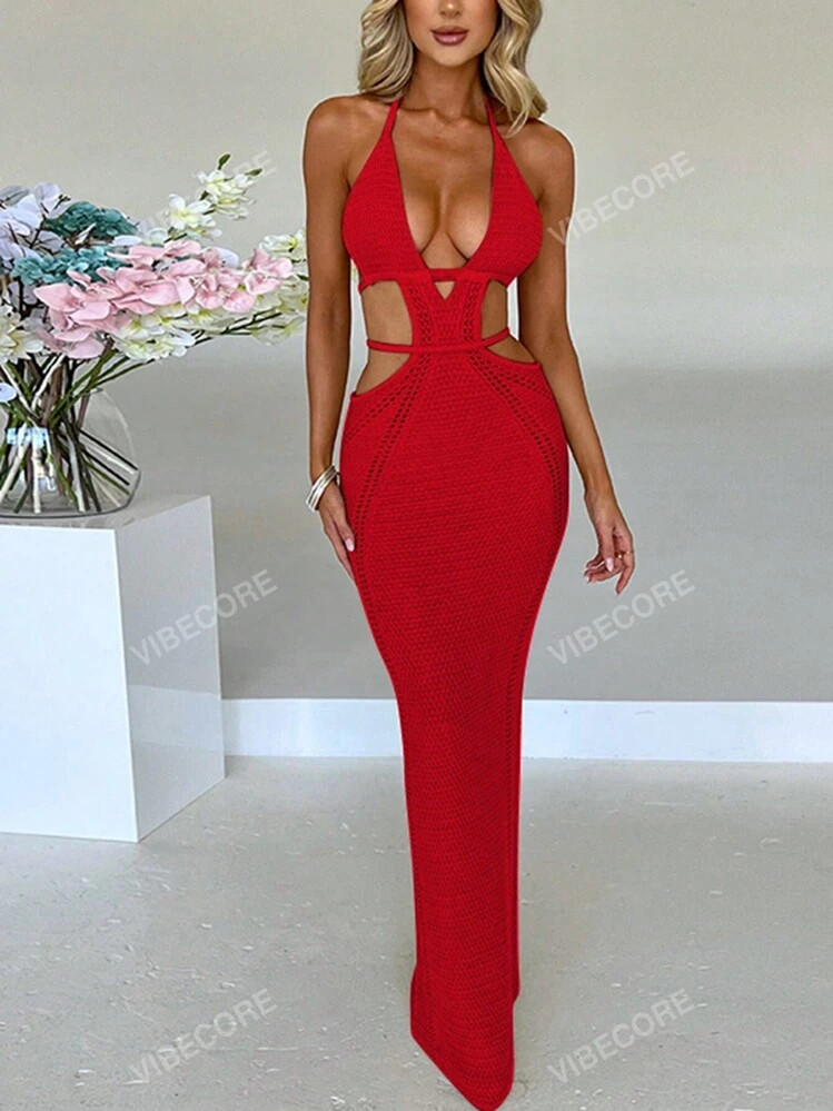 Women Sexy Hollow Out Wool Halter Backless Party Vacation Beach Dress Spring Summer Valentine Day... | SHEIN