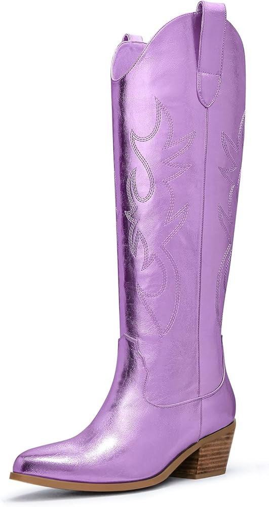 Ouepiano Cowboy Boots for Women Knee High Wide Calf Cowgirl Boots Embroidered Chunky Heels Pointe... | Amazon (US)