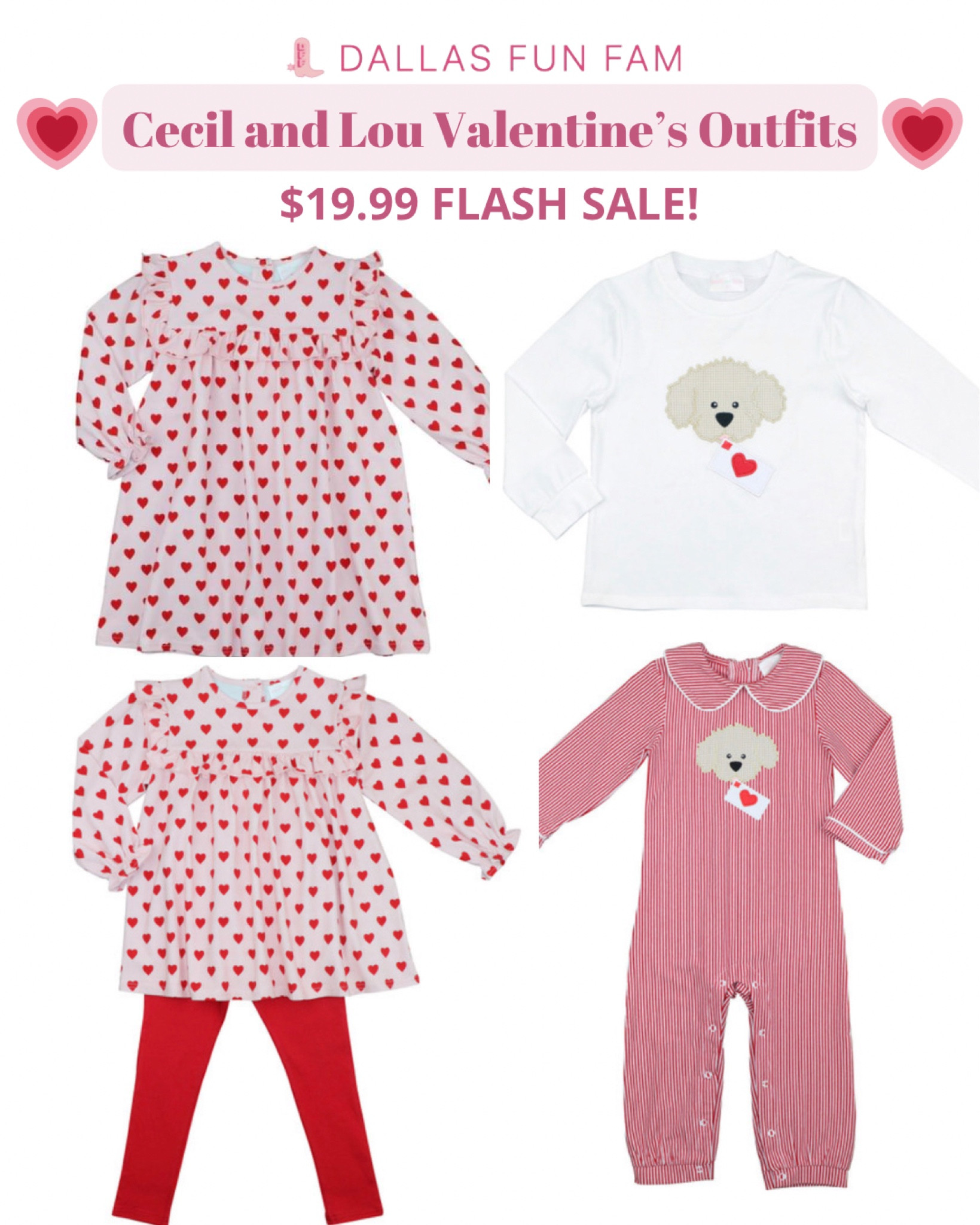 Cecil and Lou Valentine’s Day Outfit Flash Sale! Only $19.99 each! 
❤️ Pink and red heart print dress and leggings set for toddlers and girls
❤️ Pink and red heart print dress in sizes 3 months for babies to girls size 10
🐶 White knit appliqué puppy and Valentine shirt in toddler and boy sizes
🐶 Red Stripe Applique Puppy And Valentine Long Romper for boys in sizes 3m to 3T 

Kids clothes, sale, preorder, Valentine’s Day, grand millennial, childrens clothing, baby girl, baby boy

#LTKbaby #LTKkids #LTKsalealert