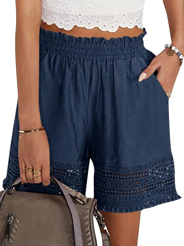 Women's Casual Elastic Waist Lounge Shorts Comfy Stretch Lace Trim Summer Beach Linen Ruffle Shor... | Amazon (US)