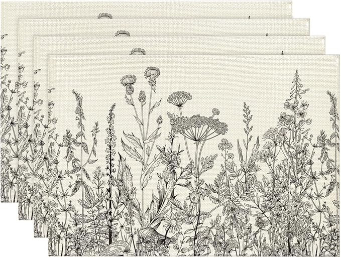 Artoid Mode Grey Antique Herbs and Wild Flowers Spring Placemats Set of 4, 12x18 Inch Seasonal Ta... | Amazon (US)