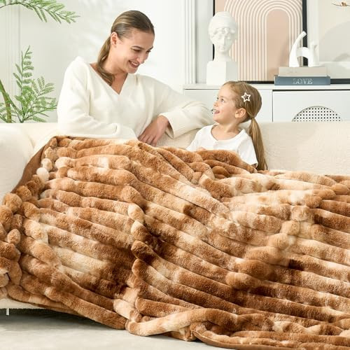 Cozy Bliss Faux Fur Throw Blanket for Couch, Cozy Warm Plush Striped Blanket for Sofa Bedroom Living Room, 90 * 90 Inches Tie-dye Brown | Amazon (US)