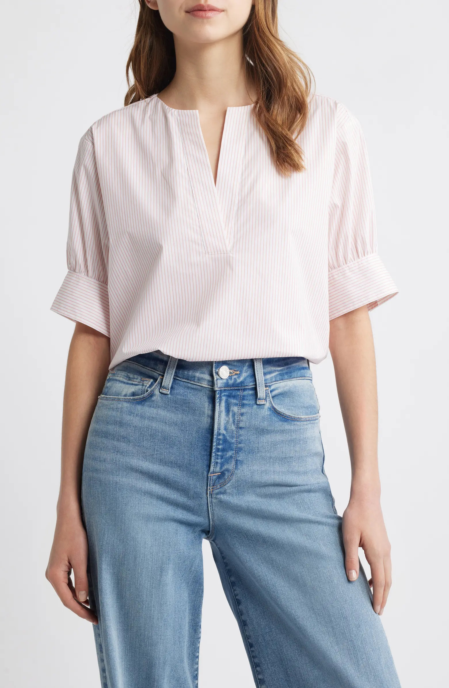 Stripe Split Neck Organic Cotton Popover Top | Nordstrom