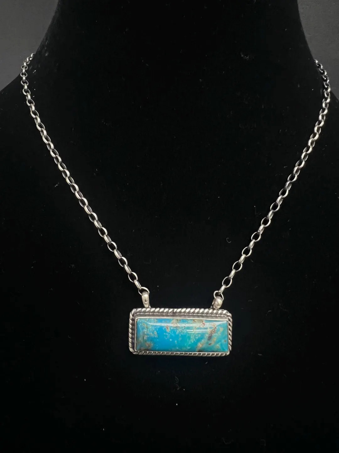 J, Navajo, Turquoise Bar Necklace 16 in Sterling Silver - Etsy | Etsy (US)