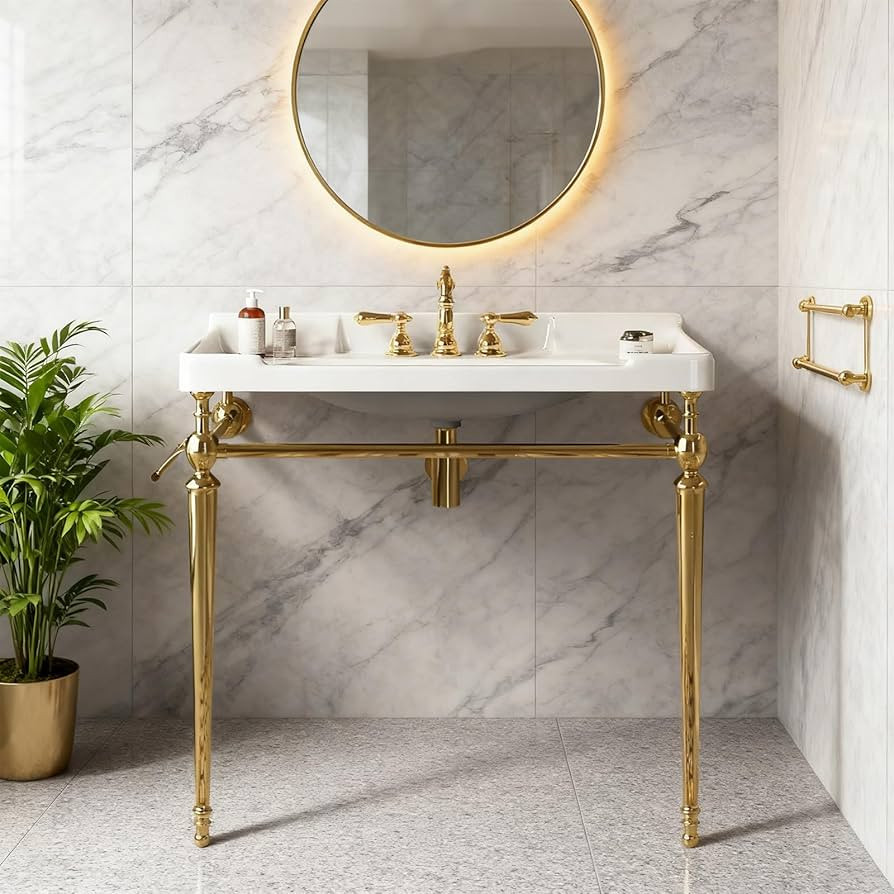 36" Wall-Mounted Bathroom Vanity Sink,White Ceramic Console Basin with 3 Faucet Holes,Freestandin... | Amazon (US)