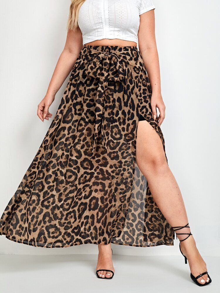SHEIN Plus High Split Tie Front Leopard Skirt | SHEIN