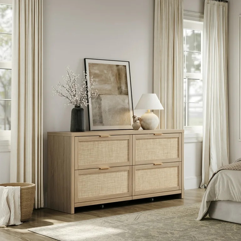 SICOTAS Cómoda Grande de 4 Cajones de 60.83" de Ancho para Dormitorio, Cómodas de Ratán de Gra... | Walmart (US)