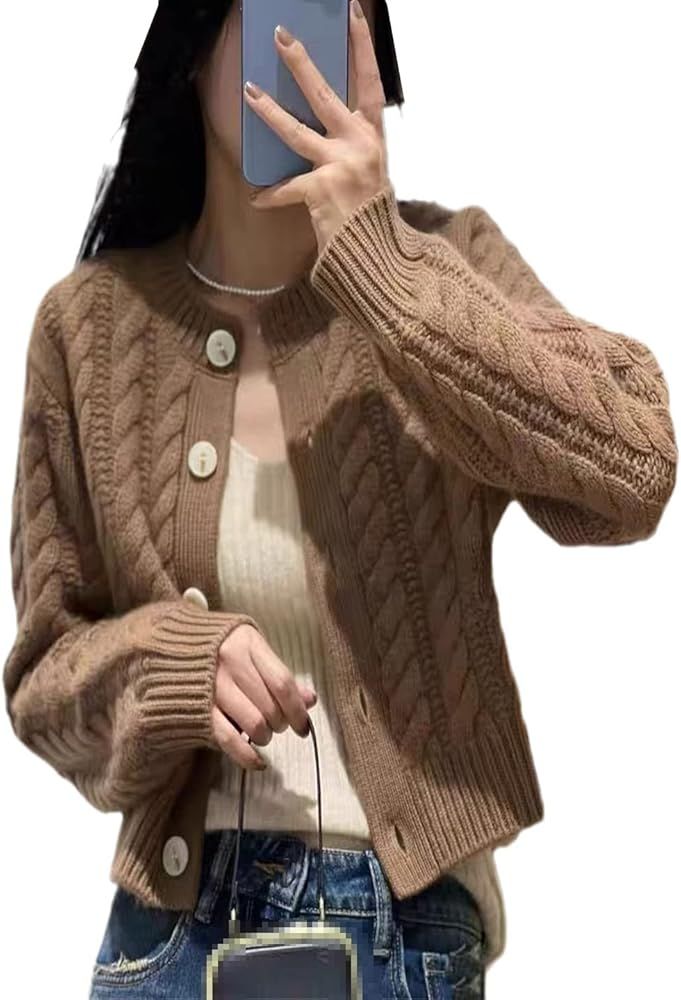 Women's Round Neck Loose Wool Knit Sweater Thick Cashmere Cardigan | Amazon (US)