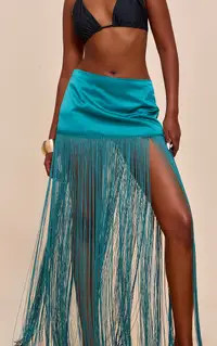 Teal Satin Extreme Tassel Trim Mini Skirt | PrettyLittleThing US