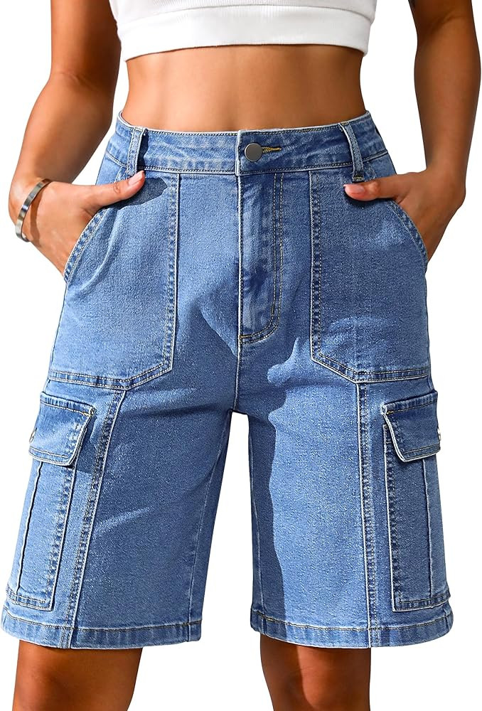 Eddoyee Bermuda Cargo Shorts for Women Casual Long Knee Length High Waisted Stretch Wide Leg Rela... | Amazon (US)