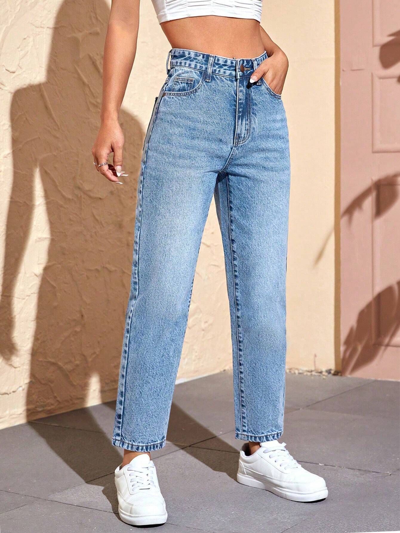 SHEIN PETITE Solid Mom Fit Jeans | SHEIN