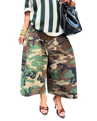 Voghtic Wide Leg Camo Pants for Women Cargo Barrel Baggy High Waisted Camouflage Palazzo Army Fatigue Jean Cropped Trousers | Amazon (US)