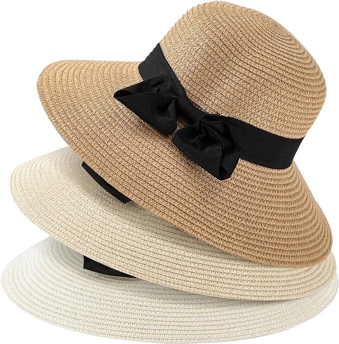 3PCS Womens Beach Sun Hat Wide Brim Summer Straw Hat for Women Foldable Roll up UPF 50+, Ivory & ... | Amazon (US)