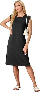 GRECERELLE 2025 Women Summer Round Neck Casual Loose Split Wrinkle-Free Midi Dress with Pockets (... | Amazon (US)