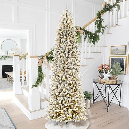 Glitzhome 9ft Prelit Christmas Tree, Snow Flocked Christmas Trees with 600 Warm White Lights, Pencil Christmas Tree Snowy Splendor Fir Artificial Tree w/1860 Branch Tips and Foldable Metal Stand | Amazon (US)