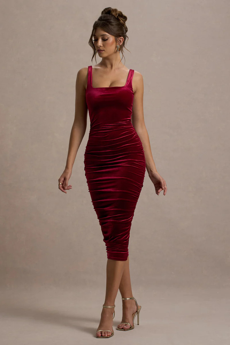 Cora  Berry Velvet Square-Neck Bodycon Midi Dress | Club L London