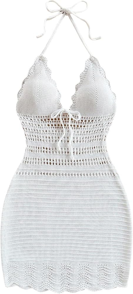 GORGLITTER Women's Vacation Outfits Crochet Halter Mini Dress Summer Beach Bow Tie Backless Bodyc... | Amazon (US)