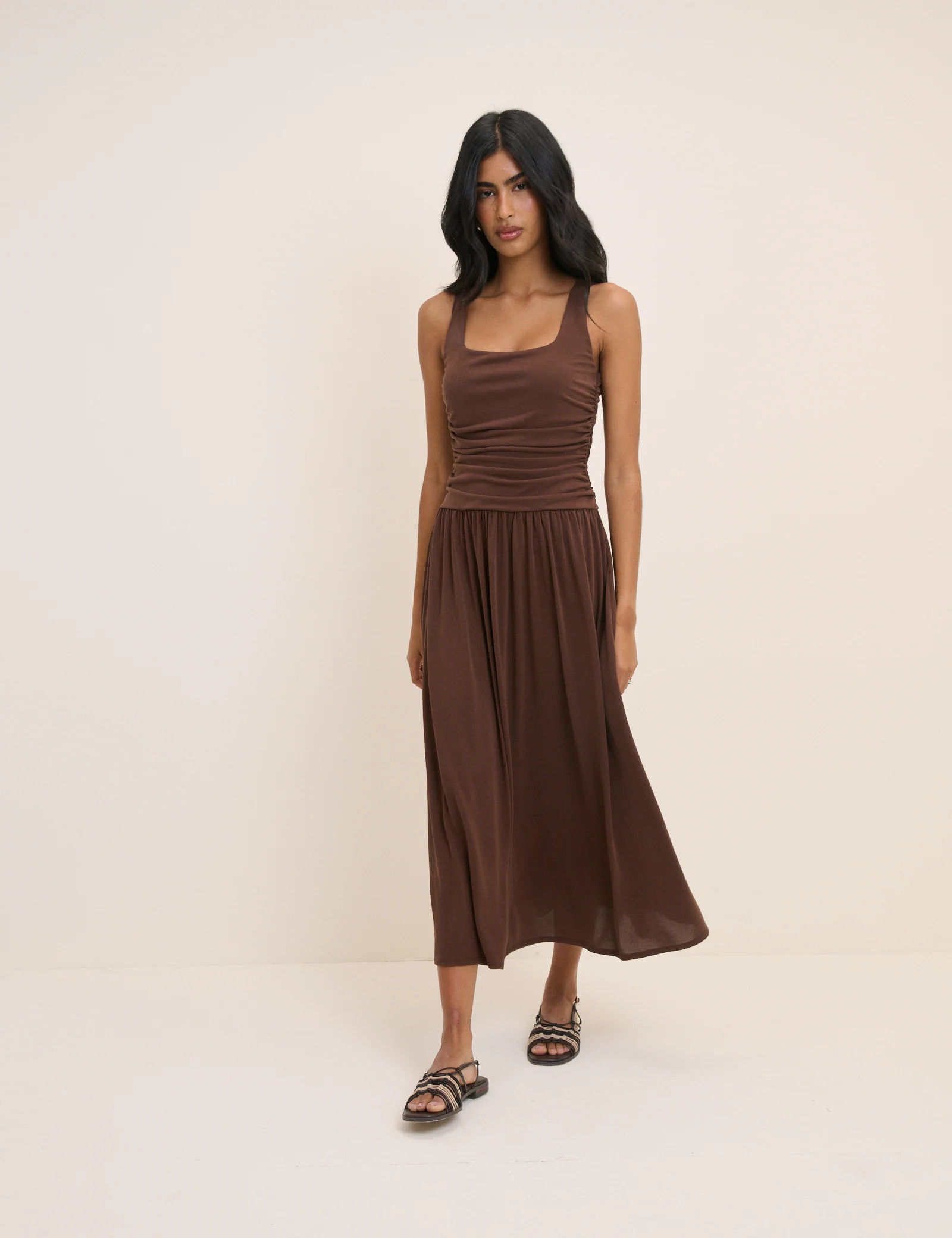 Brown Ruched Jersey Sleeveless Natalie Midi Dress | Nobody's Child