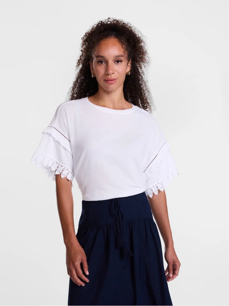 Scenario Women's Lace Trim Tee with Short Sleeves, Size XS-XXXL | Walmart (US)