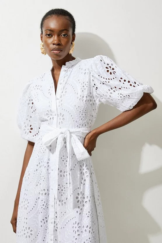 Cotton Broderie Belted Woven Midi Dress | Karen Millen US