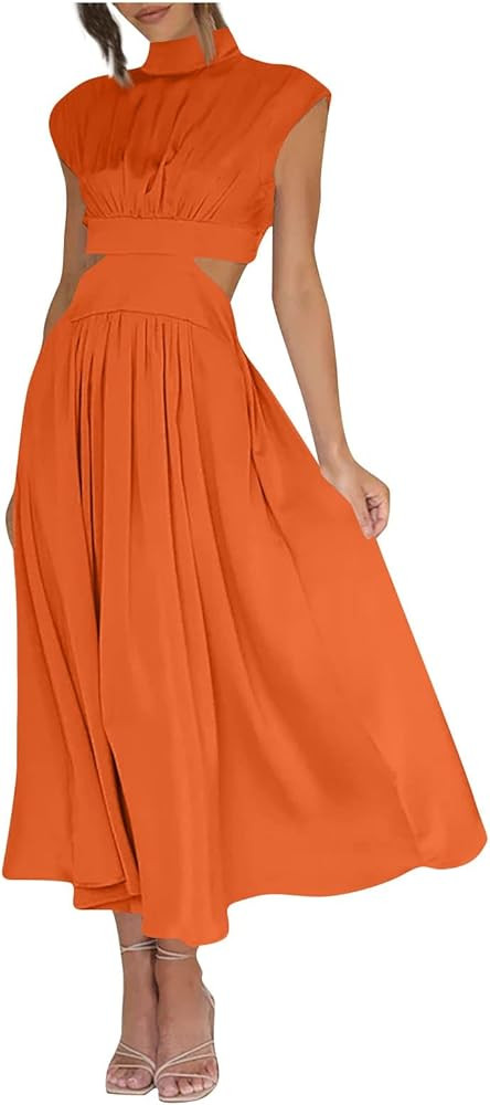 Summer Dresses for Women 2024 Casual Cap Sleeves Swing A-Line Waist Hollow Out Dresses Slim Fit B... | Amazon (US)