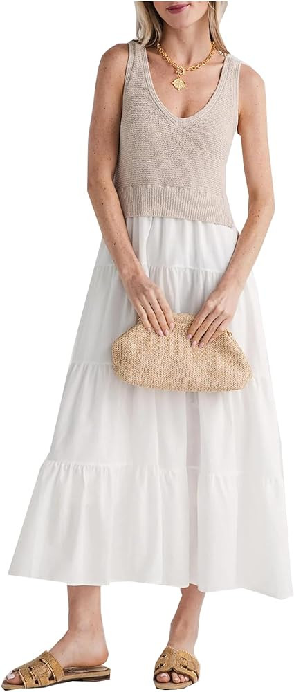 Women's V Neck Sleeveless Midi Dress Patchwork Knit Casual Long Flowy Summer Tank Dress | Amazon (US)