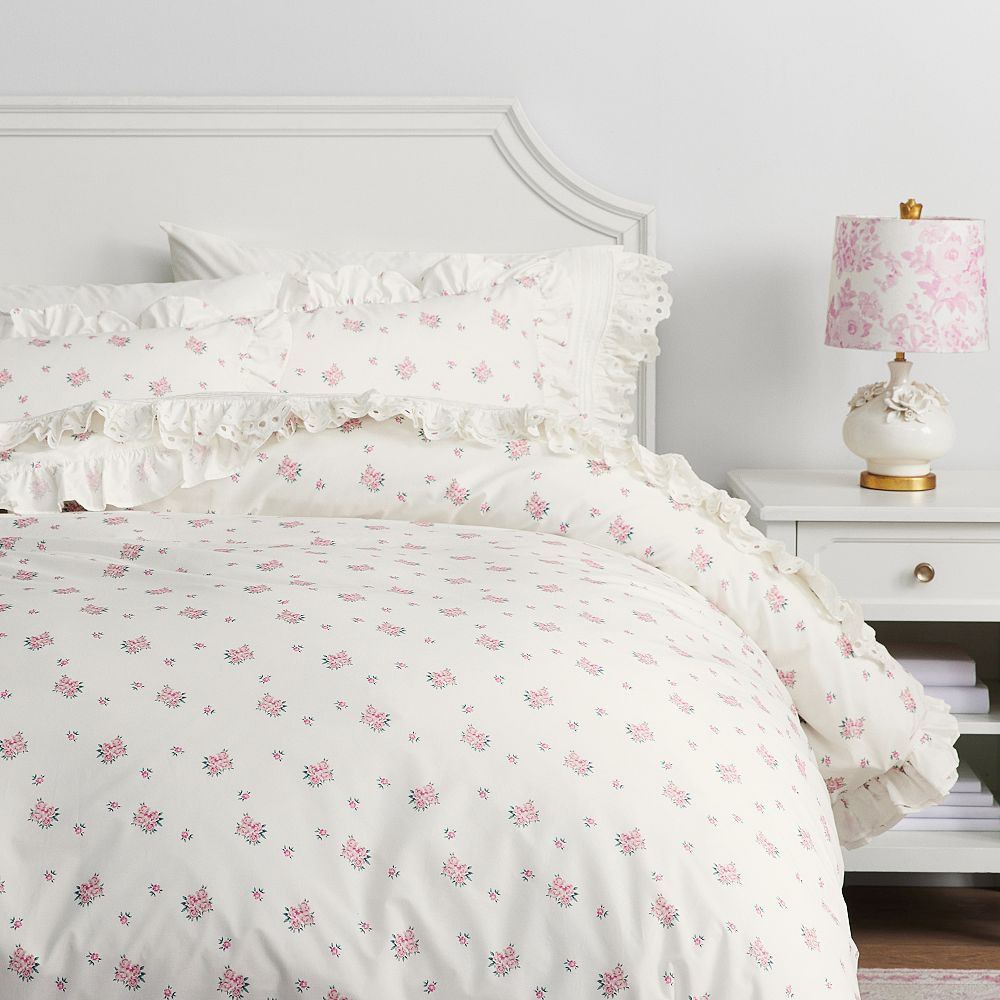 LoveShackFancy Antoinette Double Ruffle Edge Duvet, King, Ivory/Pink | Pottery Barn Teen