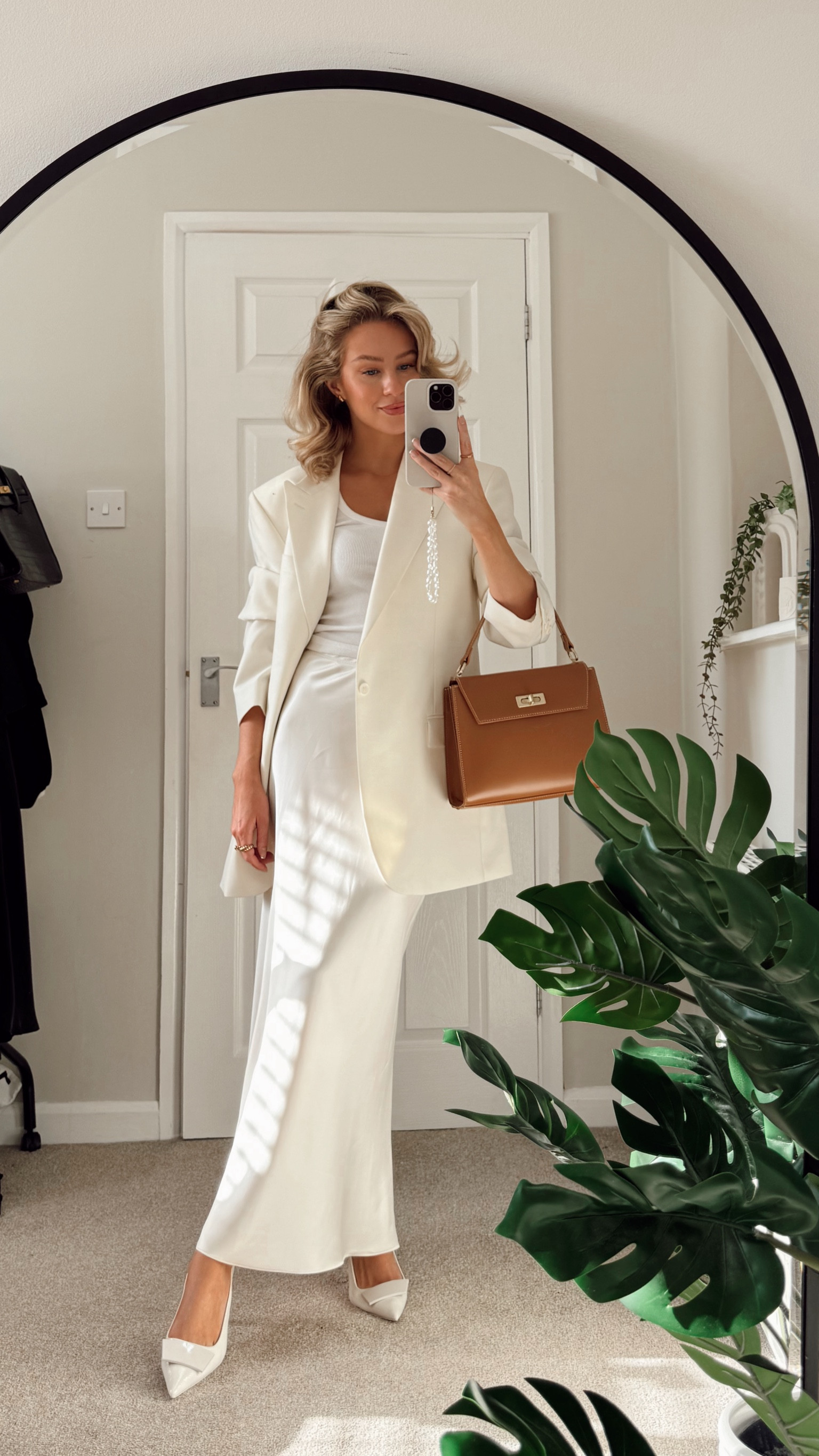 Cream blazer / vintage find (linked similar)
Cream square neck vest top / Zara (linked similar)
Cream satin maxi skirt / River Island
Tan top handle bag / marks and Spencer’s
White slingback heels / Zara (linked similar)

#LTKitbag #LTKSeasonal #LTKstyletip