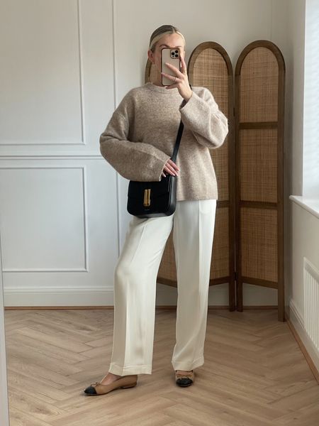 Knit jumper, pleat tailored trousers, two tone ballet flats, leather cross body bag

#LTKSeasonal #LTKeurope #LTKstyletip