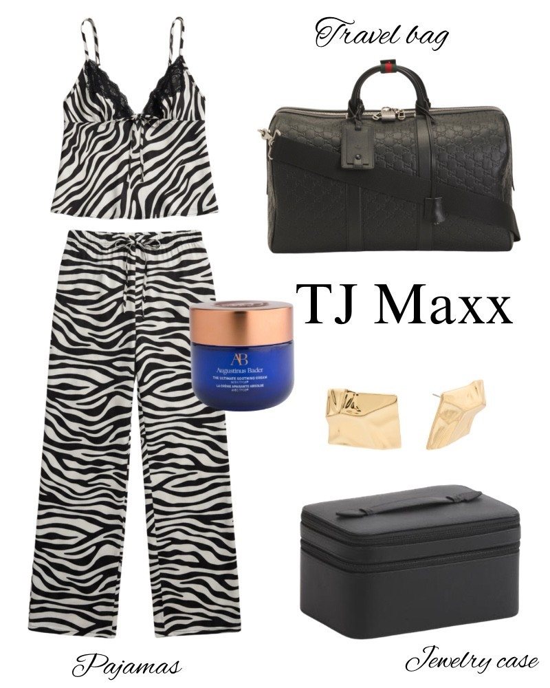 Zebra pajamas, Gucci travel bag, jewelry case, face cream, gold earrings, vacation.

#LTKTravel #LTKSaleAlert #LTKBeauty