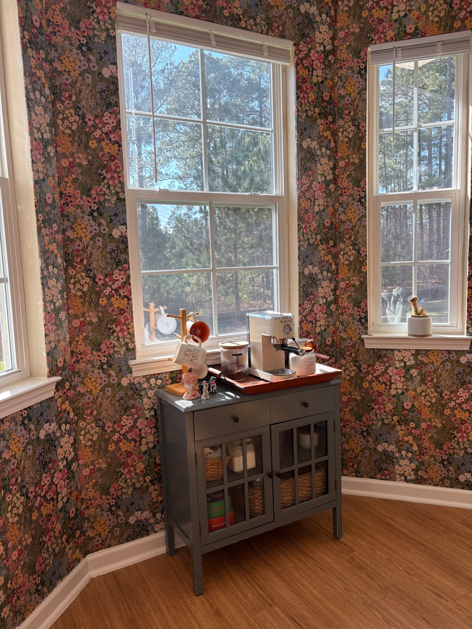Coffee bar and healing stick wallpaper! The perfect renter friendly fun touch ! 