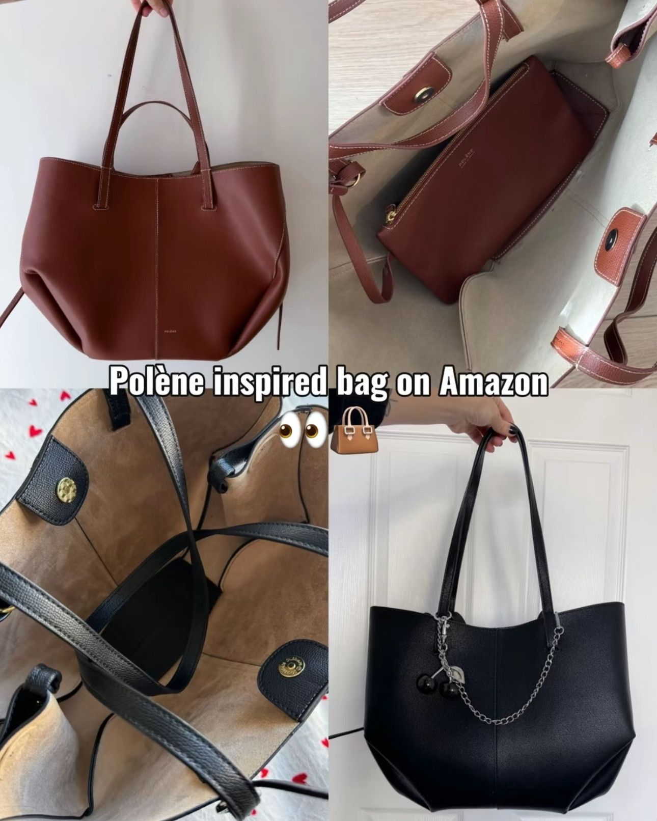 hi guys! i found this cute polene inspired handbag on amazon & i just had to try it out! my friend has the chestnut polene bag so i thought i could compare the amazon one to hers & see how it measures up.  honestly the amazon bag is so so similar especially in terms of looks! of course the polene bag is made with higher quality materials, but for a $60 bag, the amazon bag feels really high quality! i think if you’re just looking to have the style of the $600 polene bag at a cheaper cost, the amazon bag is a great option!