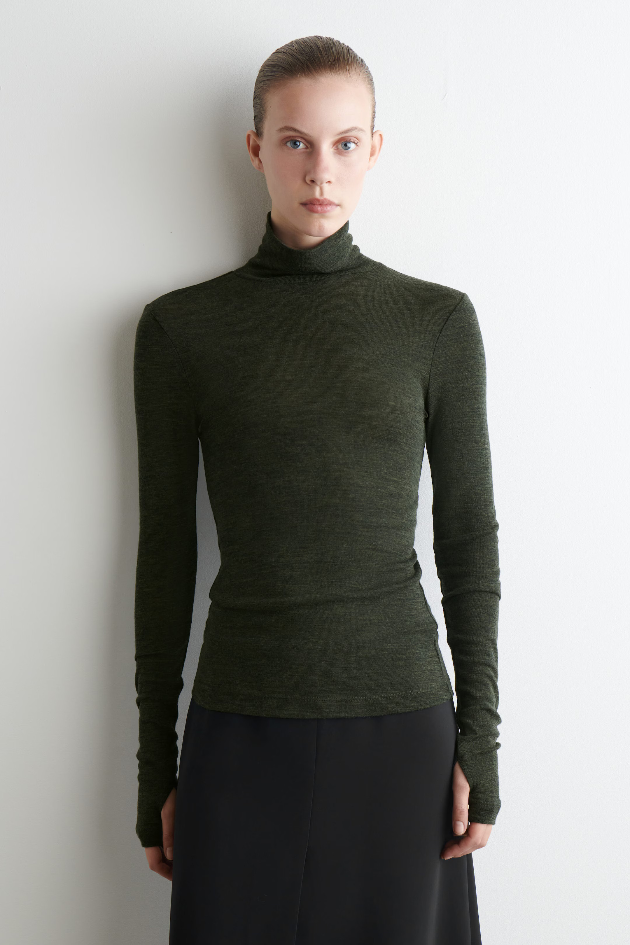 MERINO WOOL HIGH-NECK TOP - DARK-GREEN MÉLANGE | COS GB | COS UK