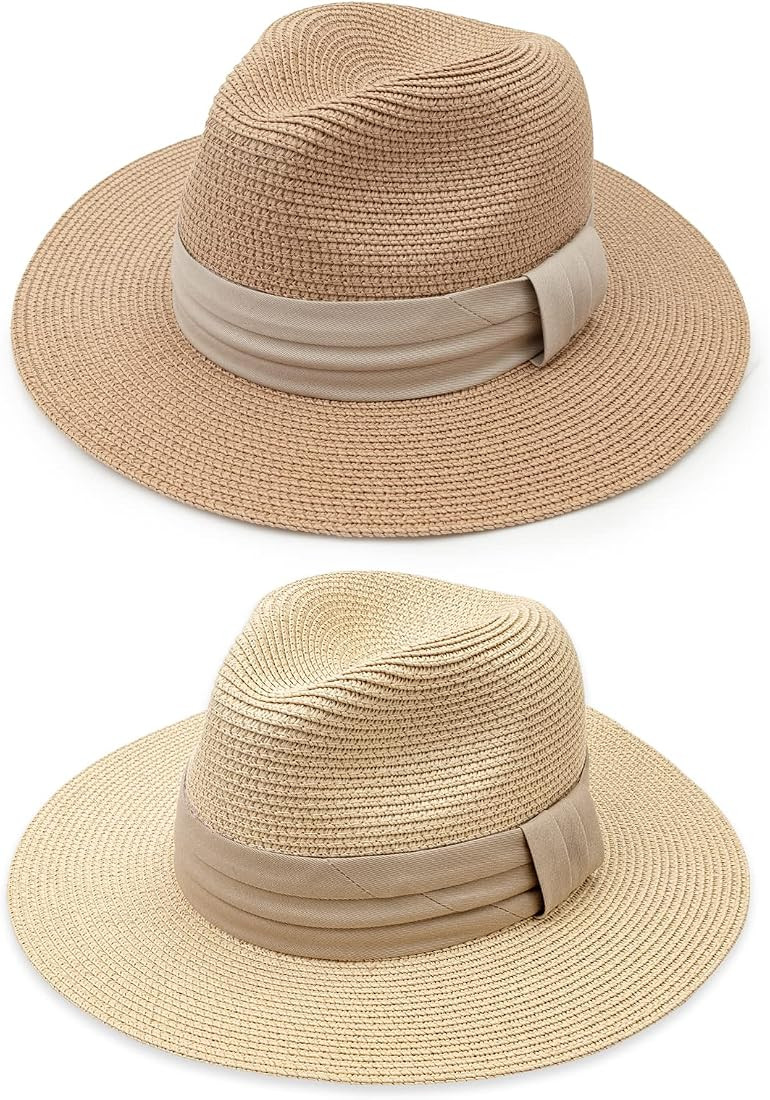 DRESHOW Women Straw Panama Hat Travel Fedora Beach Sun Hat Summer Wide Brim Straw Roll up Hat UPF... | Amazon (US)