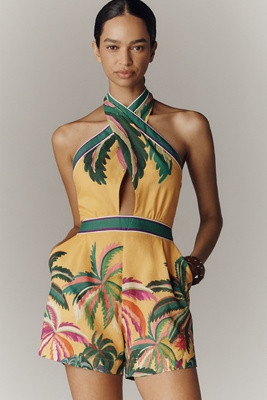 Farm Rio x Anthropologie Linen Blend Halter-Neck Romper | Anthropologie (US)